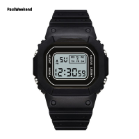 PaulWeekend นาฬิกาหน้าปัดทรงสี่เหลี่ยมสีทึบเยาวชนนักเรียนกีฬากลางแจ้งน้ำนาฬิกาข้อมือ Led อิเล็กทรอนิกส์อเนกประสงค์