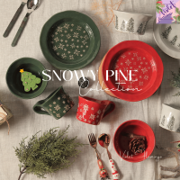 Violet Flamingo Snowy Pine Collection จานถ้วยเซรามิคโทนคริสต์มาสสุดอบอุ่น ลายต้นสนและเกล็ดหิมะสีทอง เนื้อหนา ลายสวย