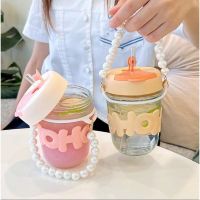 แก้วกาแฟ ใส่น้ำ พร้อมหลอดแก้ว หูหิ้วสร้อยไข่มุก 350ML ฉนวนกันความร้อนและป้องกันน้ำร้อนลวก