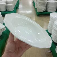 จานเซรามิก 8.5 นิ้ว จานรูปดอกไม้ จานข้าวสีขาวเงา ทำจากเซรามิกเนื้อดี เข้าไมโครเวฟได้